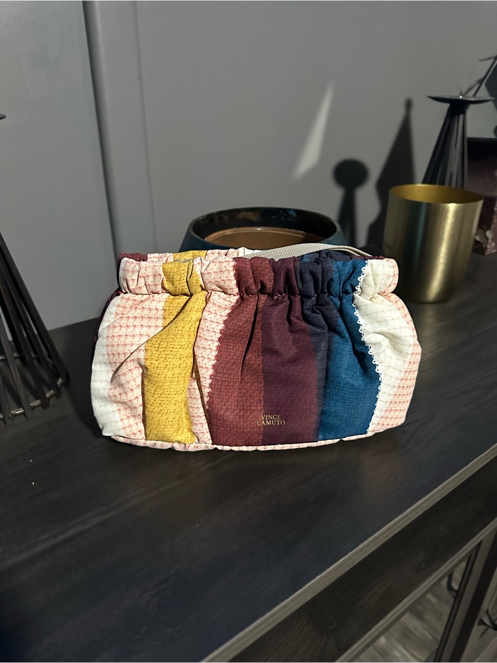 Vince Camuto Striped Gathered Clutch in Cream, Yellow, Burgundy & Blue